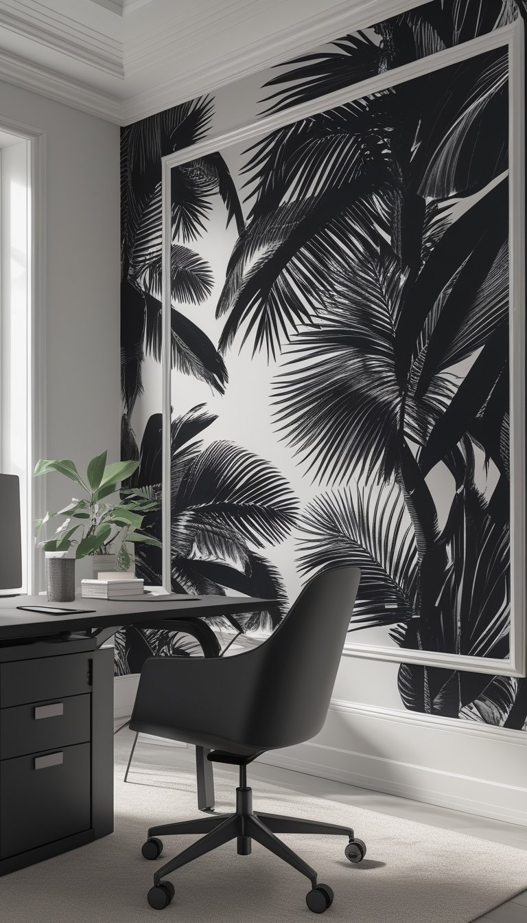 A modern office with a large black tropical palm mural on the wall framed by white trim, featuring a desk, chair, and a laptop.