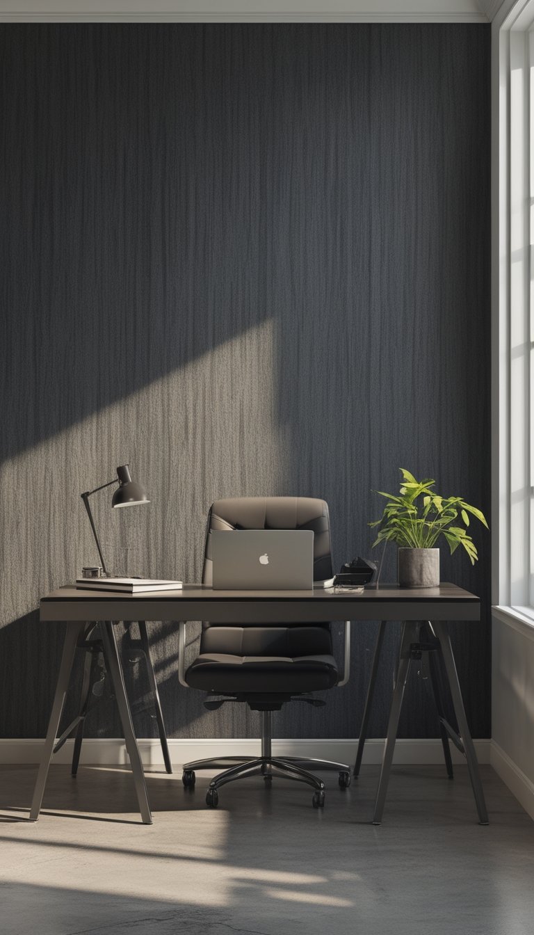 Modern office interior with a charcoal gray textured wallpaper, a desk with a laptop, lamp, plant, and an ergonomic chair.