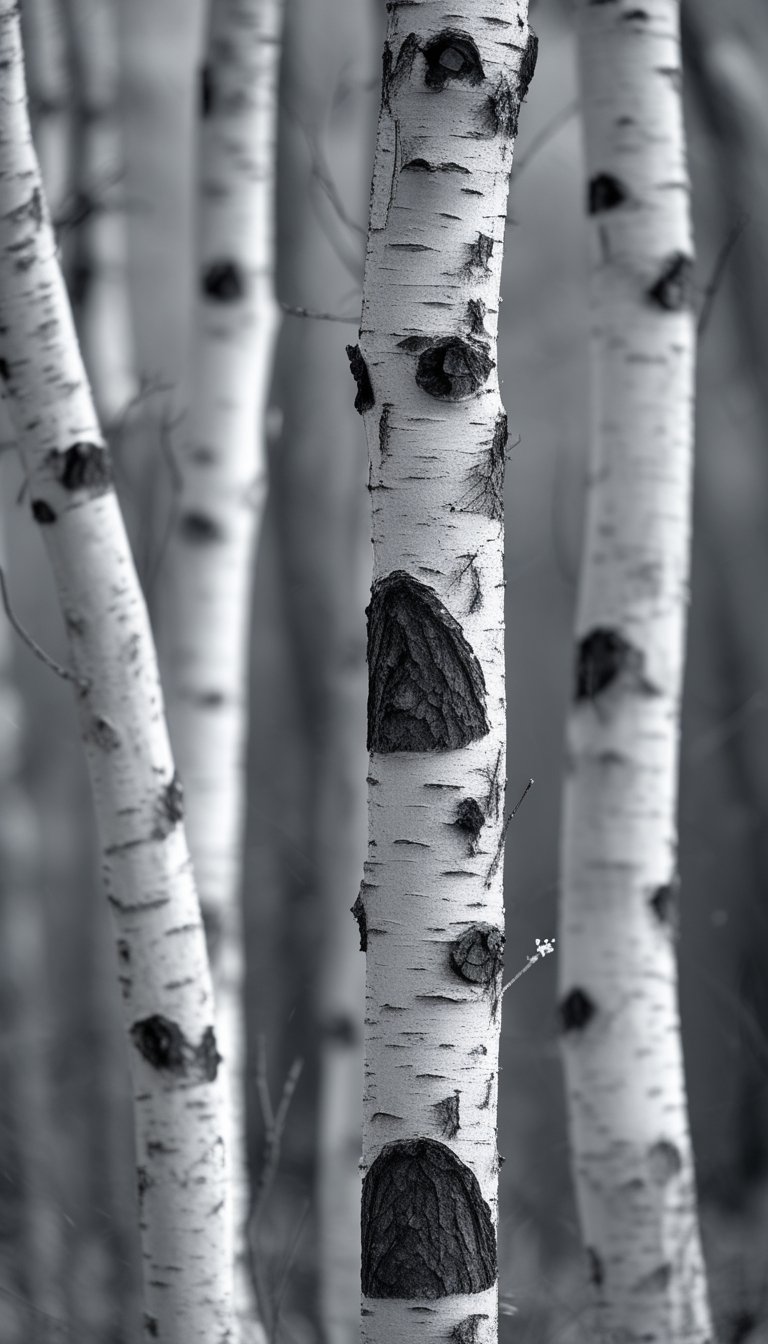 Close-up of birch tree trunks with white bark and black markings in a vertical arrangement.
