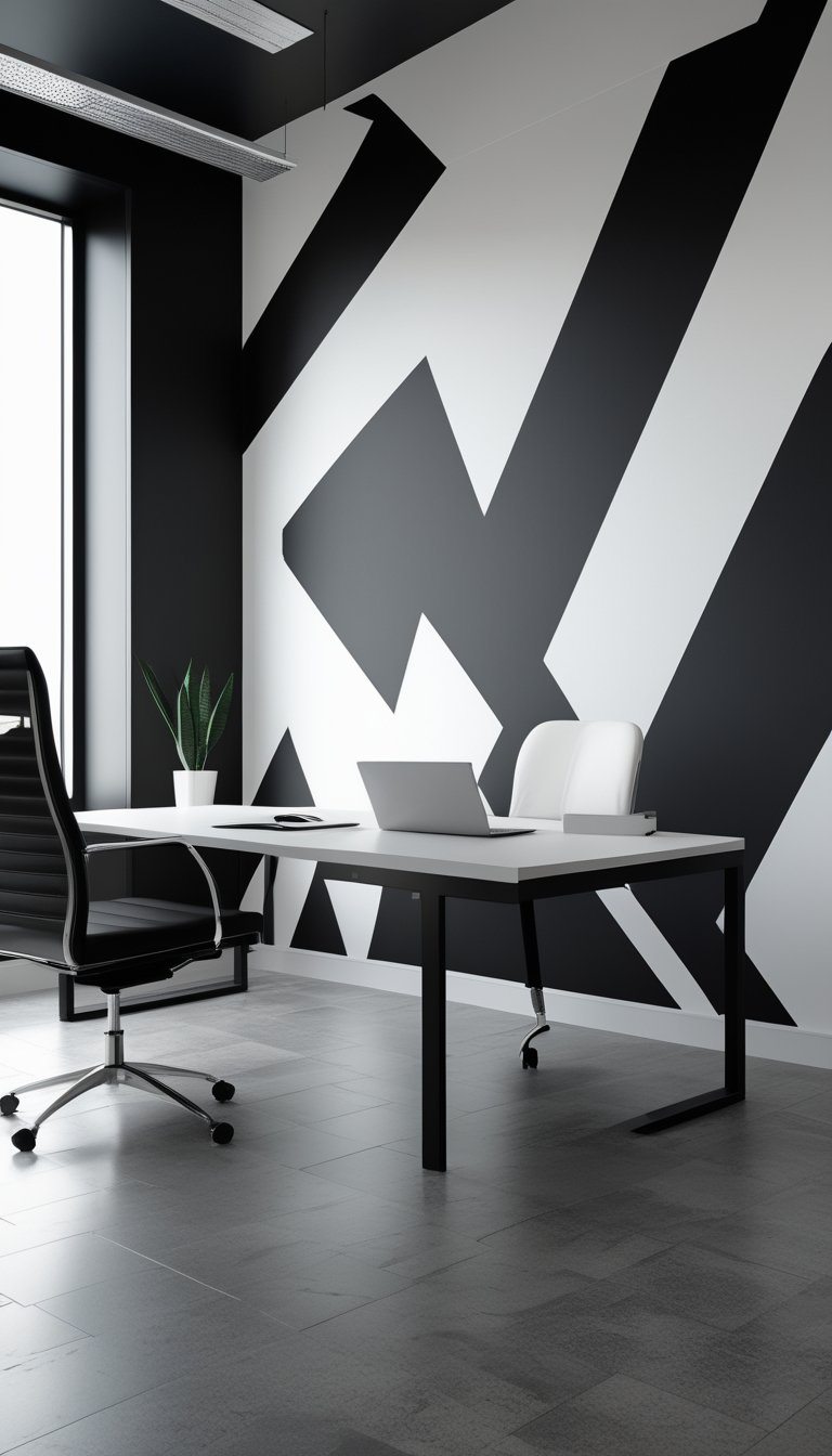 A modern office with a desk and chair in front of a wall covered in bold black and white geometric patterned wallpaper.