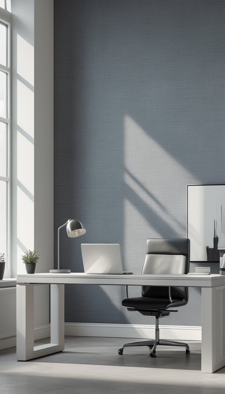 A modern office with soft gray linen-effect wallpaper, a white desk, a chair, a laptop, and natural light coming through a window.
