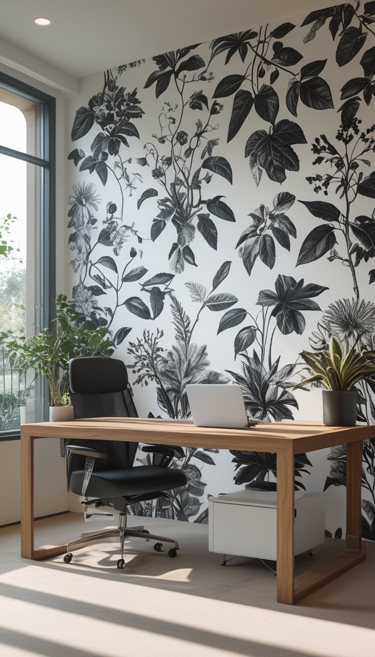 Modern office interior with a large black and white botanical wallpaper covering one wall, a wooden desk, chair, and natural light coming through a window.