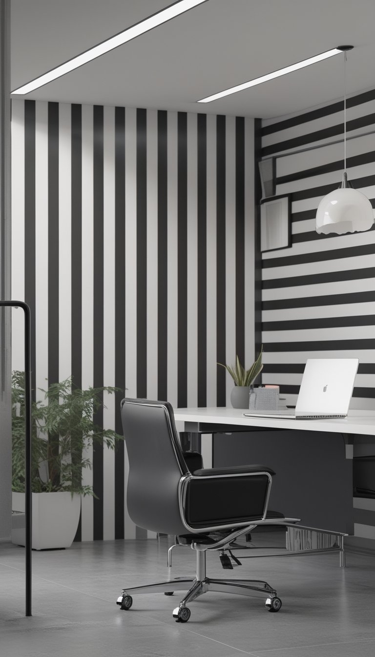 Modern office interior with a desk, chair, laptop, and a black-and-white striped wall in the background.