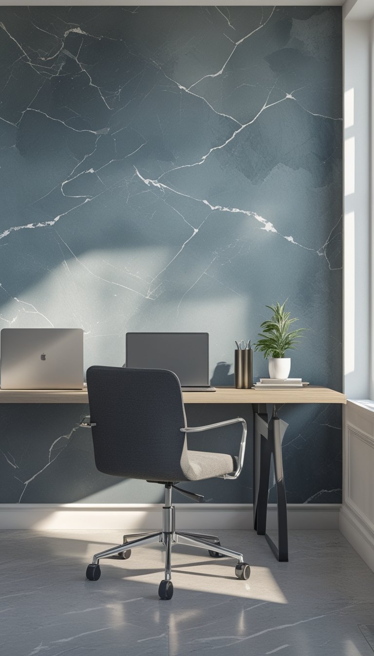 Modern office interior with a desk, chair, and subtle marble-patterned wallpaper in gray and slate tones.
