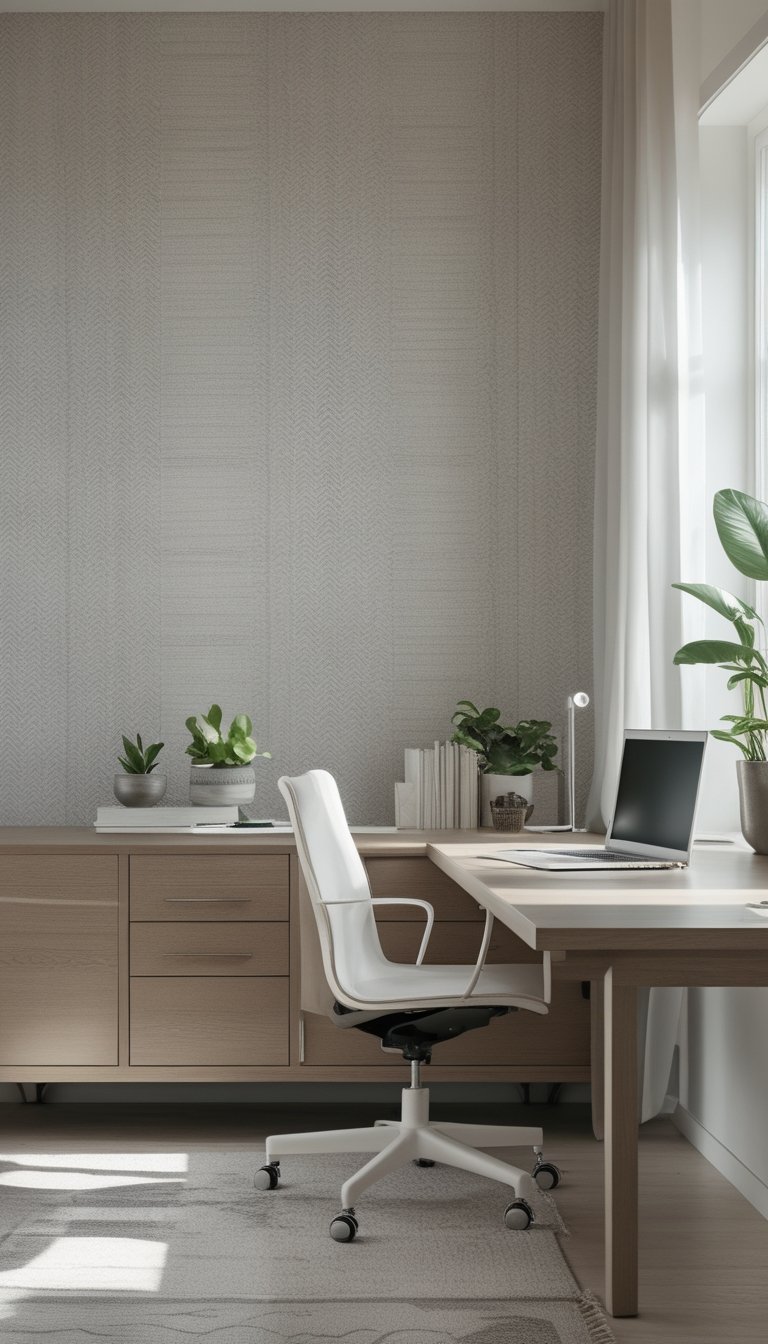 A modern office with a wooden desk, ergonomic chair, and subtle patterned wallpaper in soft monochrome tones.
