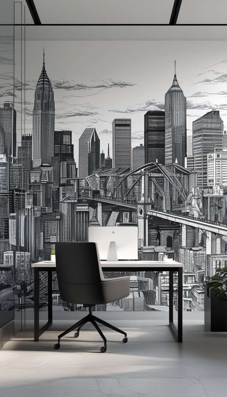 A modern office with a large black and white cityscape mural on the wall, featuring detailed buildings and urban elements, with a clean desk and chair in front.