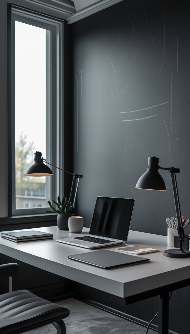 A modern office workspace with a black chalkboard-style wall, a desk with a laptop, notebook, and lamp, illuminated by natural light.