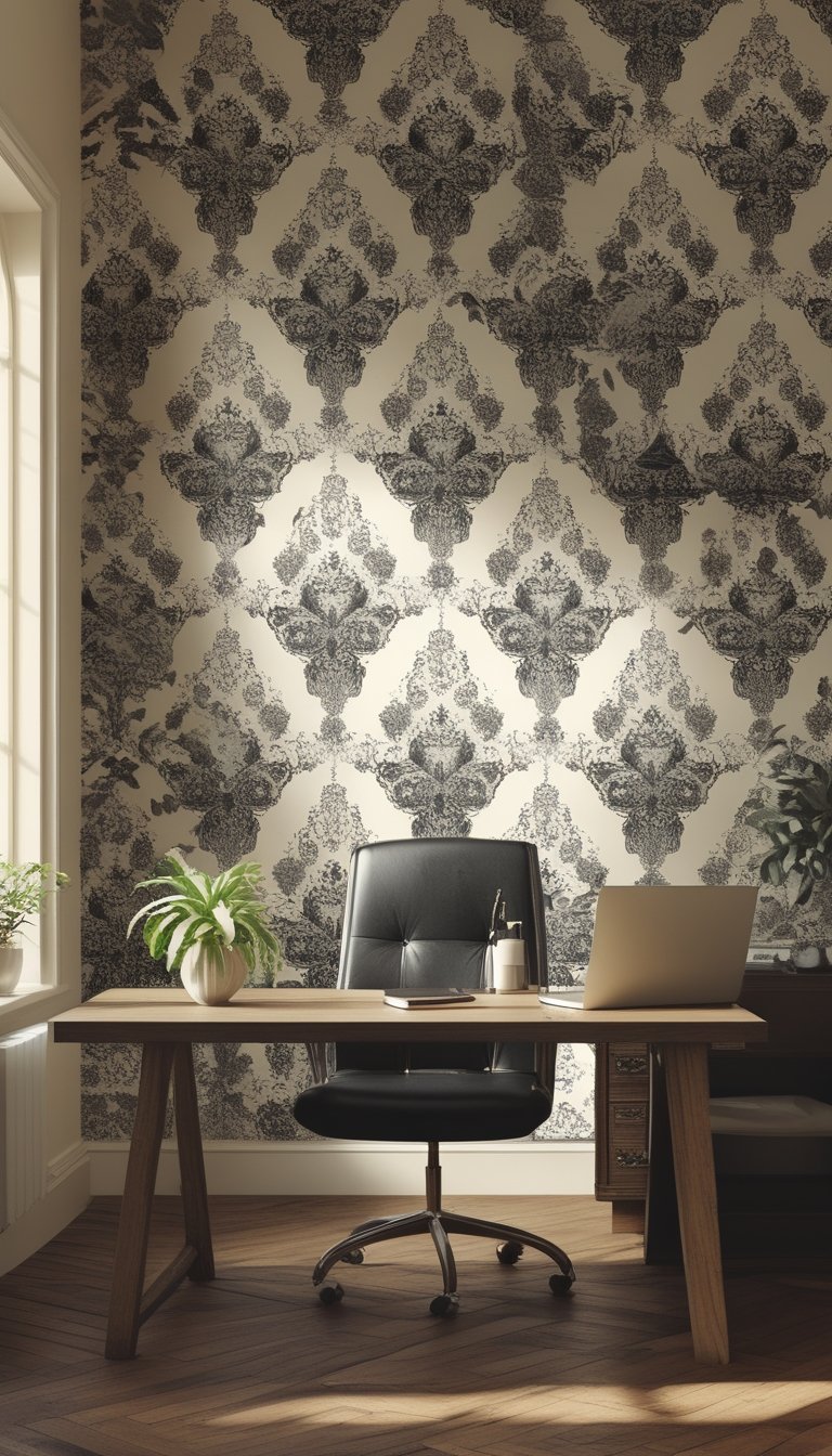 An office workspace with a wooden desk, laptop, chair, and a patterned wall in the background.