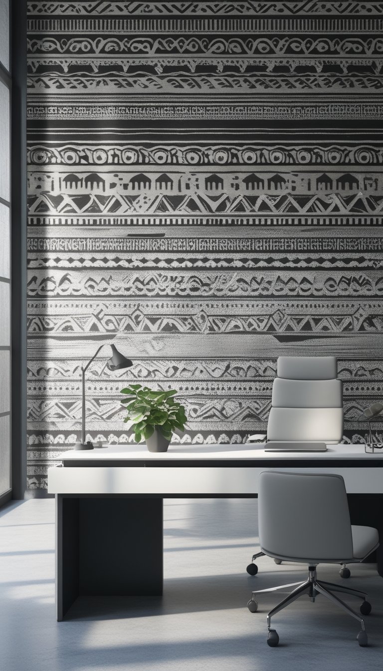A modern office workspace with a desk, chair, potted plant, and a patterned wallpapered wall in the background.