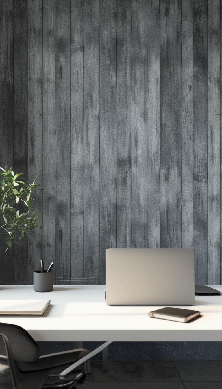 A modern office with a desk in front of a graphite-colored whitewashed woodgrain wallpapered wall, featuring a laptop, notebook, pen, and a small plant.