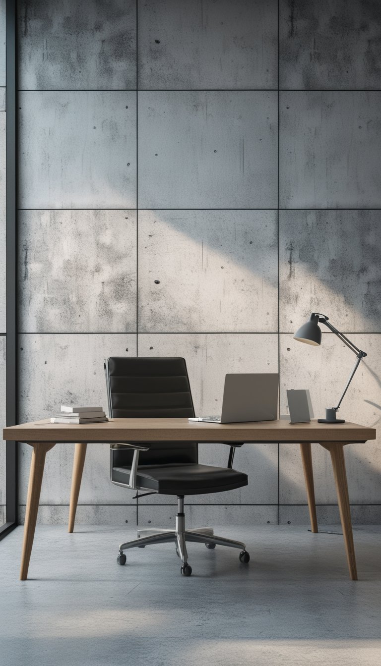 Modern office workspace with a wooden desk, chair, and concrete-texture wallpaper in the background.