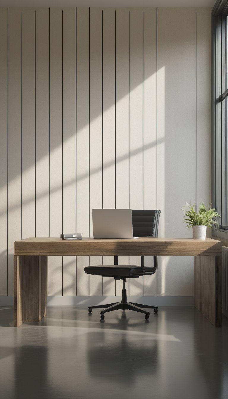 An office interior with a wooden desk, laptop, chair, and a wall covered in thin black pinstripe wallpaper on an ivory background.