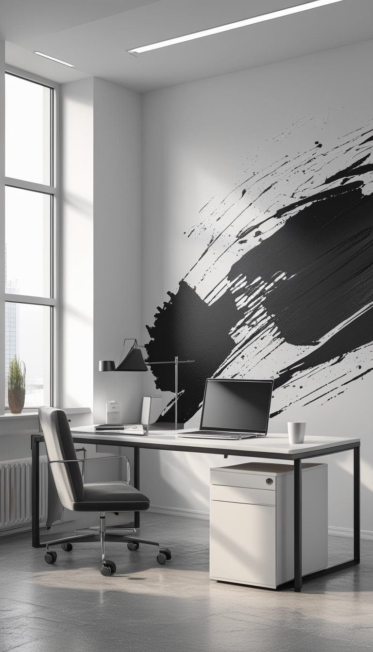 A modern office with a large black brushstroke abstract mural on the wall, a desk with a laptop, chair, and office accessories in a clean, well-lit space.