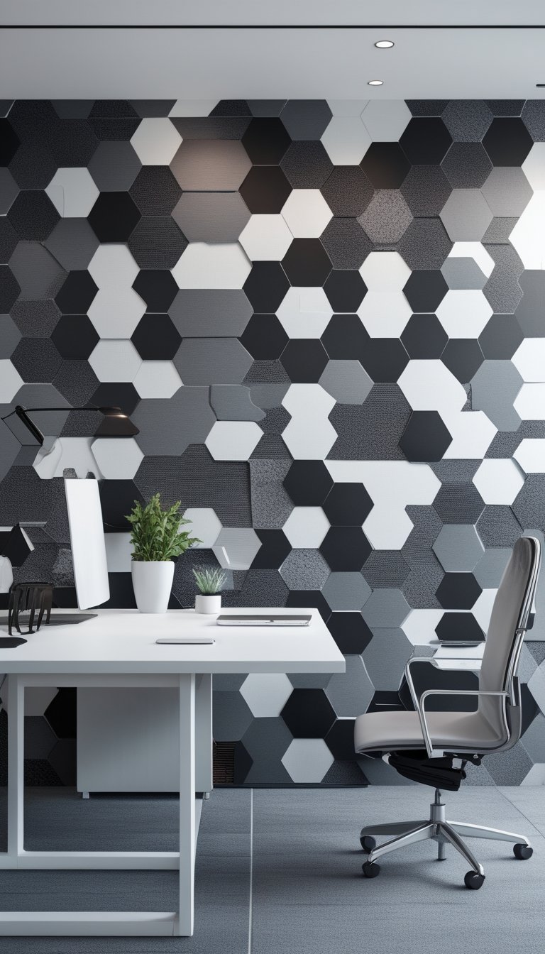 Modern office interior with a desk and chair in front of a wall covered in a hexagon tile pattern.
