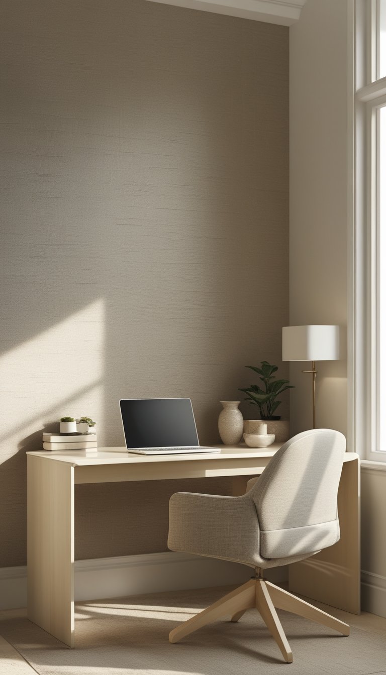 A calm home office with a wooden desk, laptop, ergonomic chair, small plant, and muted patterned wallpaper in soft earth tones.