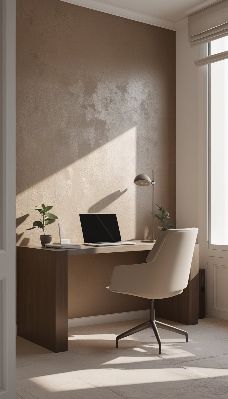 A modern home office with a wooden desk, ergonomic chair, laptop, and a window letting in natural light, set against a warm taupe textured wall.