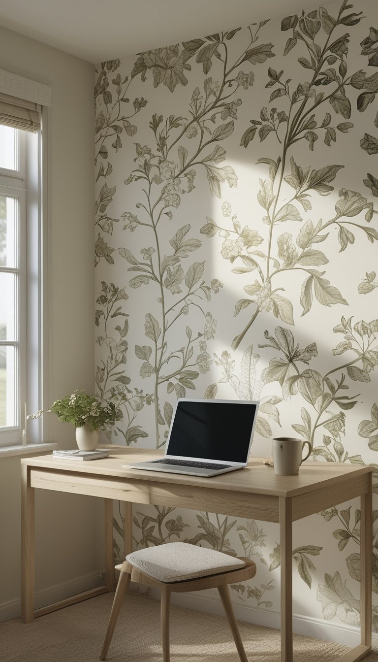 A home office with a wooden desk in front of a wall covered in large botanical patterns in olive and cream colors, with a laptop, mug, and a small plant on the desk.