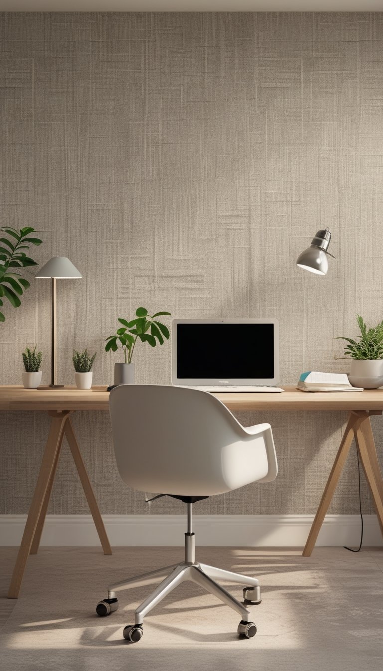 A home office workspace with a wooden desk, ergonomic chair, potted plant, and textured soft greige wallpaper on the wall.