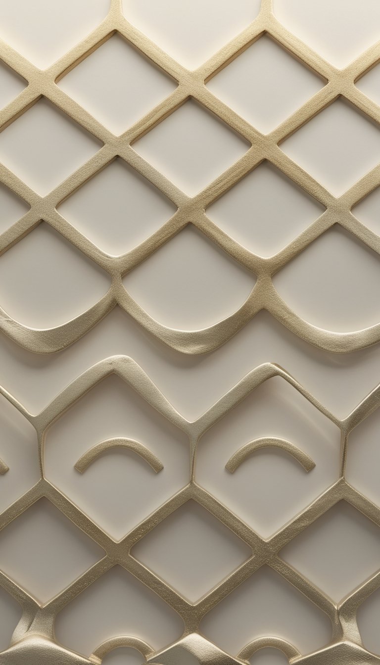 Close-up of a subtle gold metallic lattice pattern on a smooth ivory surface.