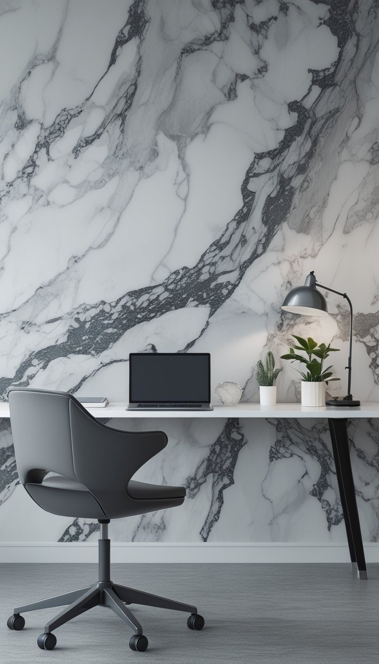 A modern home office with a large grey marble patterned wall, a desk with a laptop, chair, plant, and desk lamp.