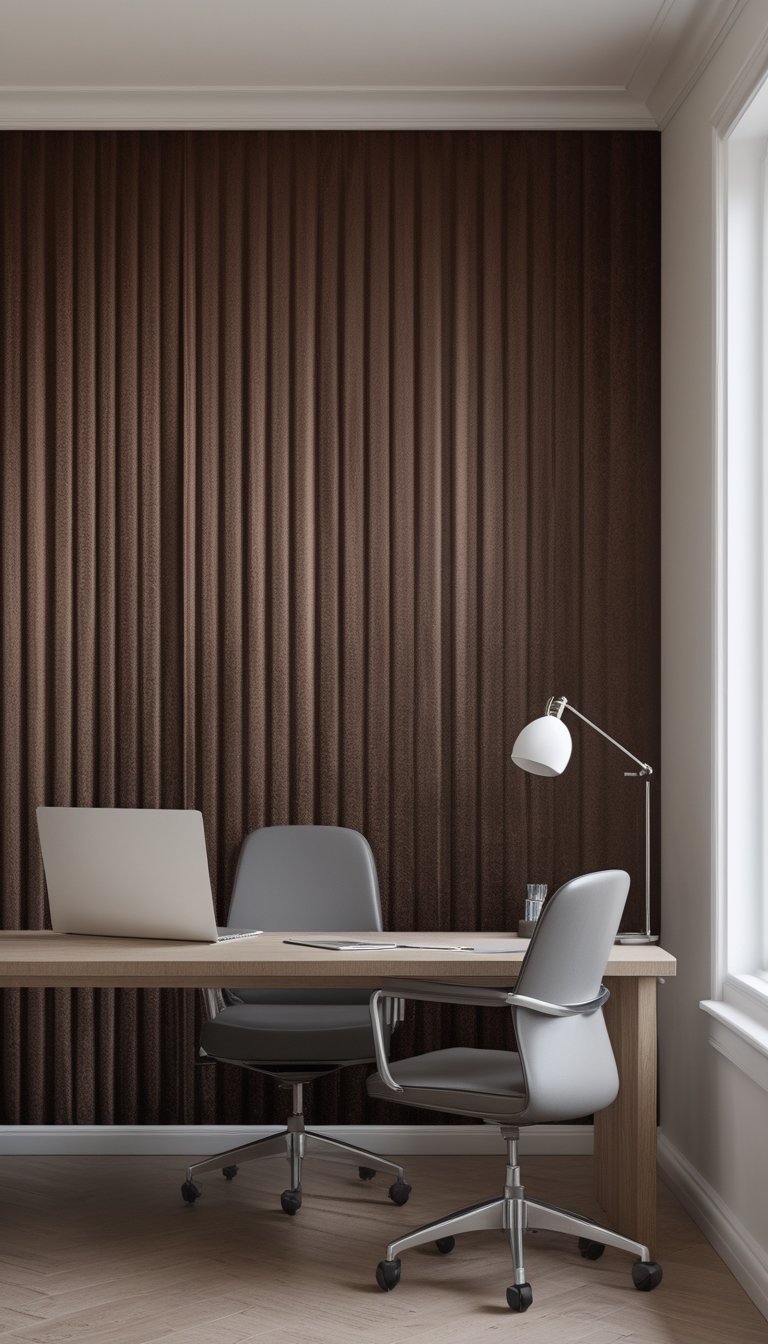 A home office with a wooden desk, laptop, desk lamp, ergonomic chair, and deep cocoa-colored striped wallpaper in the background.