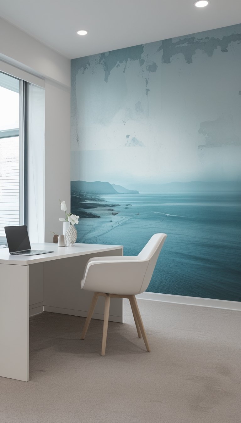 A modern home office with a large faded coastal mural in soft blue tones on the wall, minimalist furniture, and natural light.