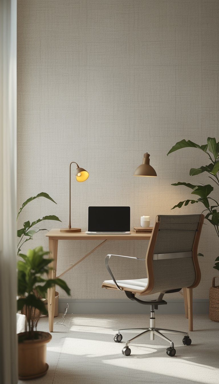 A neat home office with a wooden desk, a laptop, a desk lamp, a green plant, and a comfortable chair against a textured light stone-colored wallpaper.