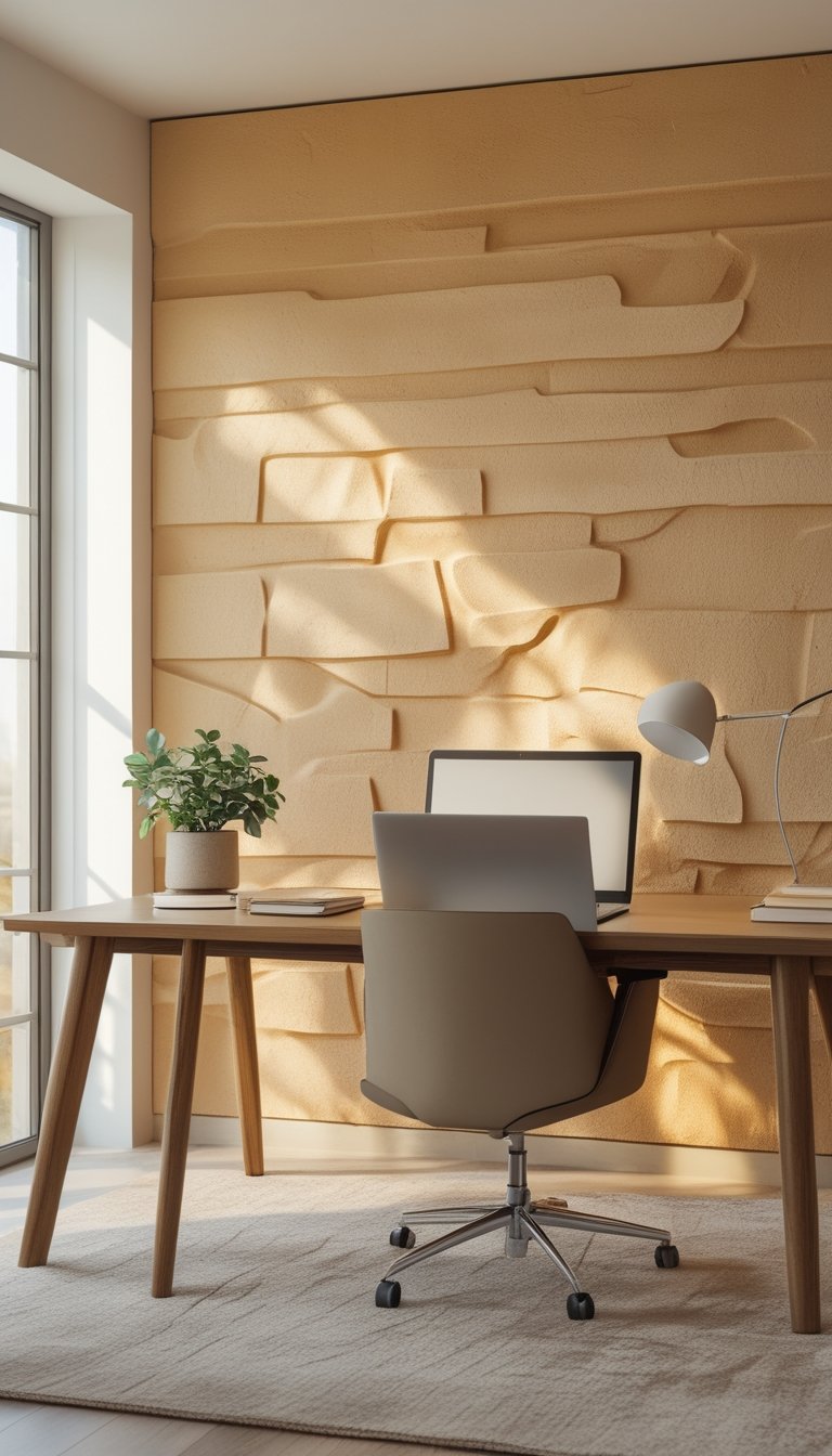 A modern home office with a textured warm sand-colored wall, a wooden desk, a chair, a laptop, a desk lamp, and a small potted plant.