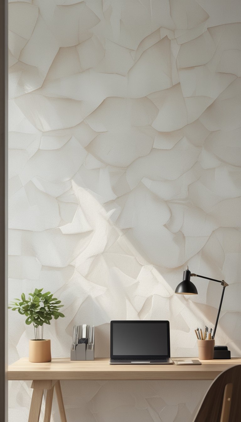 A modern home office with a wooden desk, laptop, desk lamp, and a small plant in front of a light geometric patterned wallpaper.