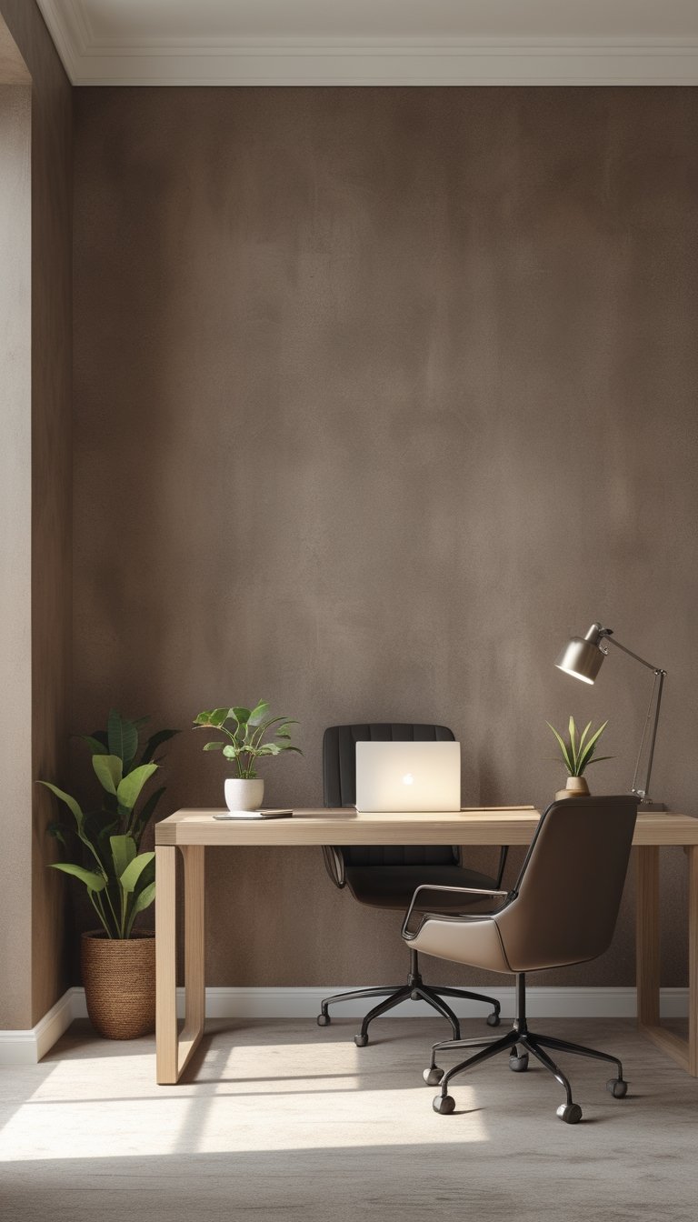 A home office workspace with a wooden desk, ergonomic chair, potted plant, and a wall covered in soft brown suede wallpaper.