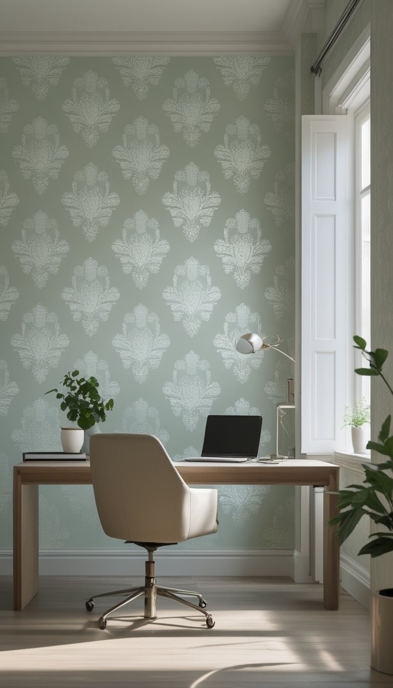 A modern home office with a wooden desk, ergonomic chair, laptop, desk lamp, and pale sage patterned wallpaper in the background.