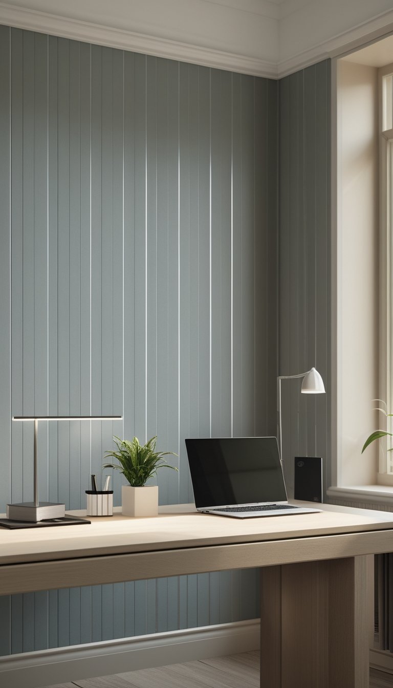 A modern home office with a wooden desk, laptop, desk lamp, and a small plant, set against slate and bone-colored walls.