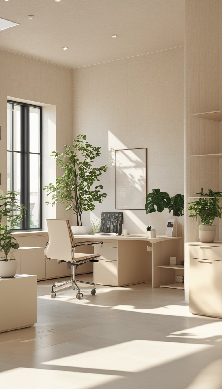 A bright office space with off-white and beige wallpaper, modern furniture, plants, and natural light coming through large windows.
