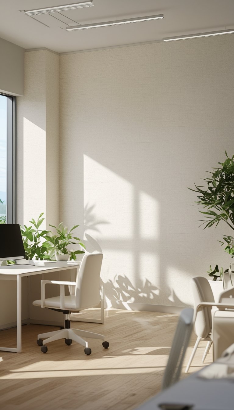 A bright office interior with off-white linen wallpaper, a wooden desk, chair, and green plants.