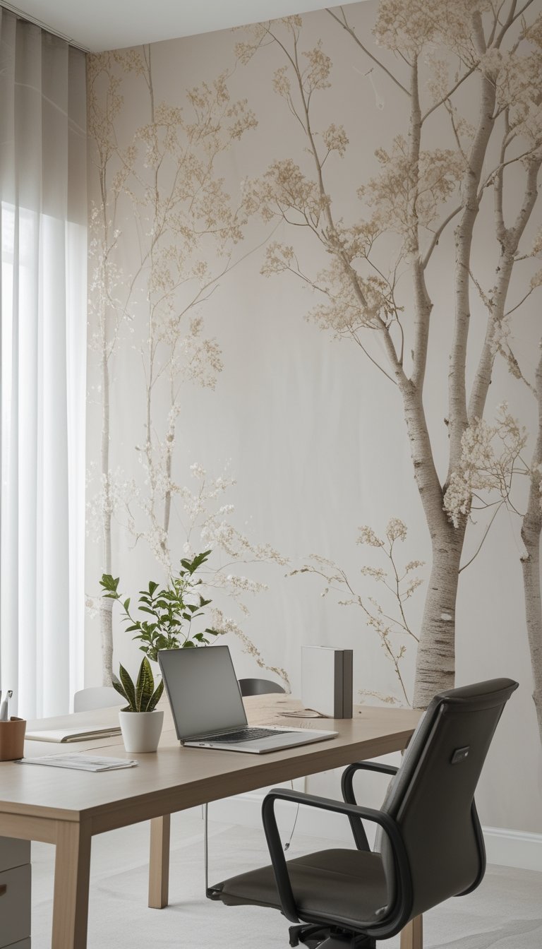 A bright office with a wooden desk and a wall covered in beige tree mural wallpaper, featuring a laptop and a small plant on the desk.