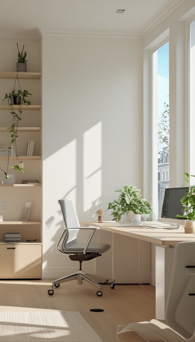 A bright office with pale off-white wallpaper, a wooden desk, chair, plants, and large windows letting in natural light.