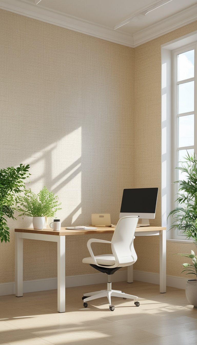A bright office with beige textured wallpaper, a wooden desk, a chair, plants, and natural sunlight.