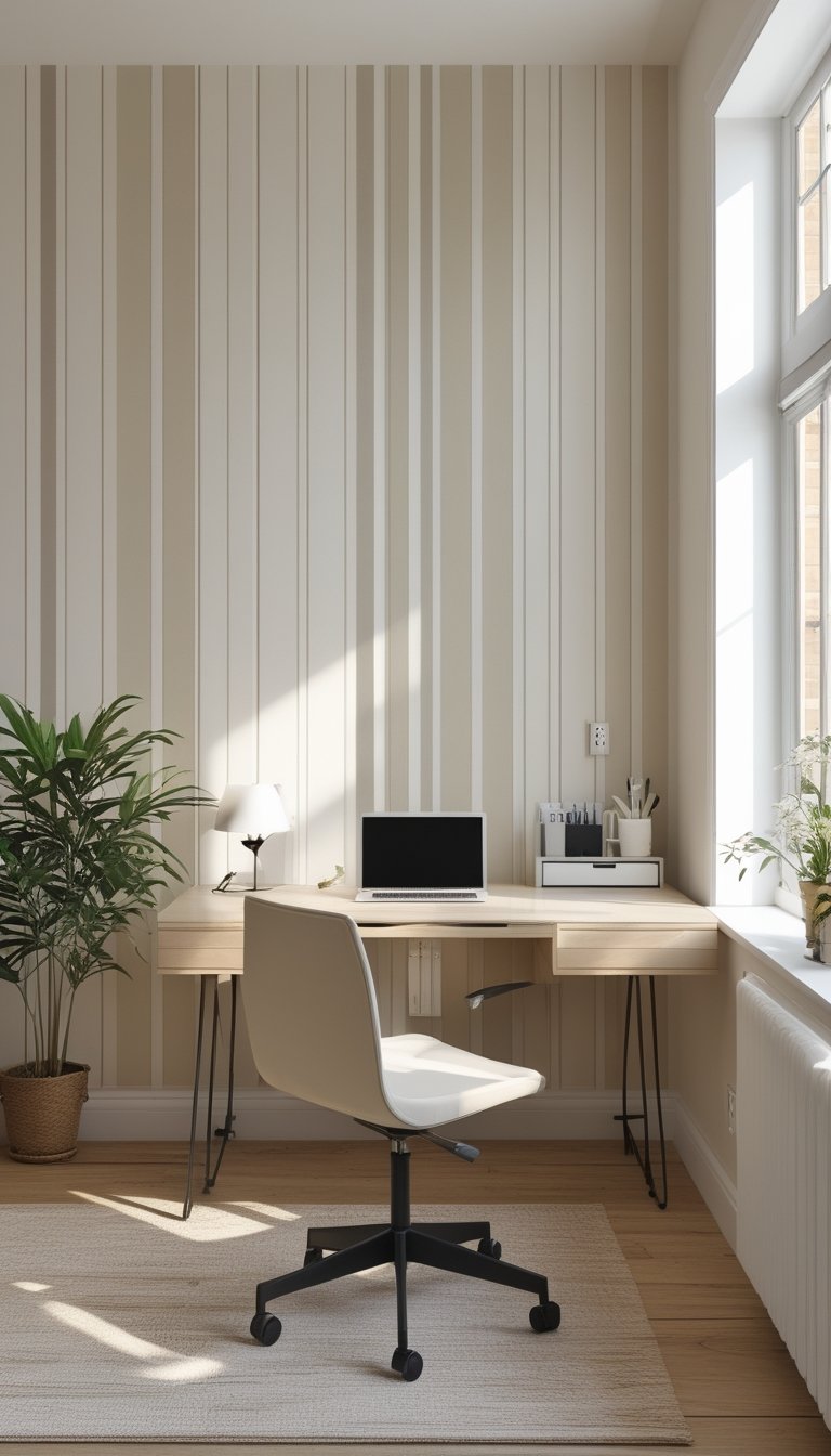 A bright office with beige and off-white striped wallpaper, a wooden desk with a laptop, a desk lamp, and a small plant near a window.