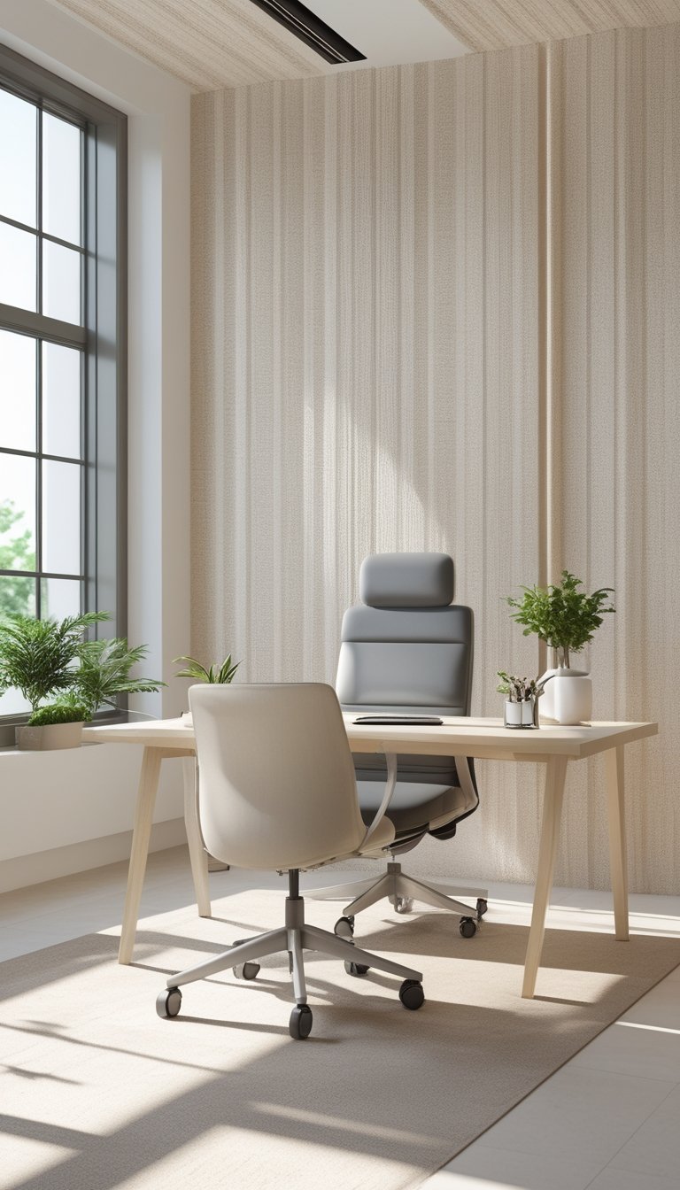 Bright office interior with off-white textured wallpaper, a wooden desk, chair, and plants.