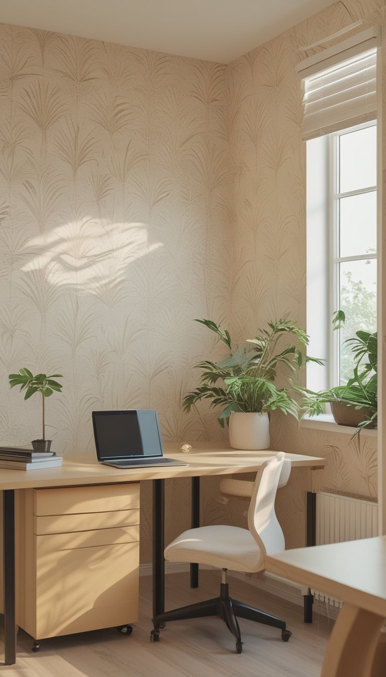 A bright office with beige and cream palm leaf patterned wallpaper, a wooden desk with a laptop and a small plant, and natural light coming through a window.