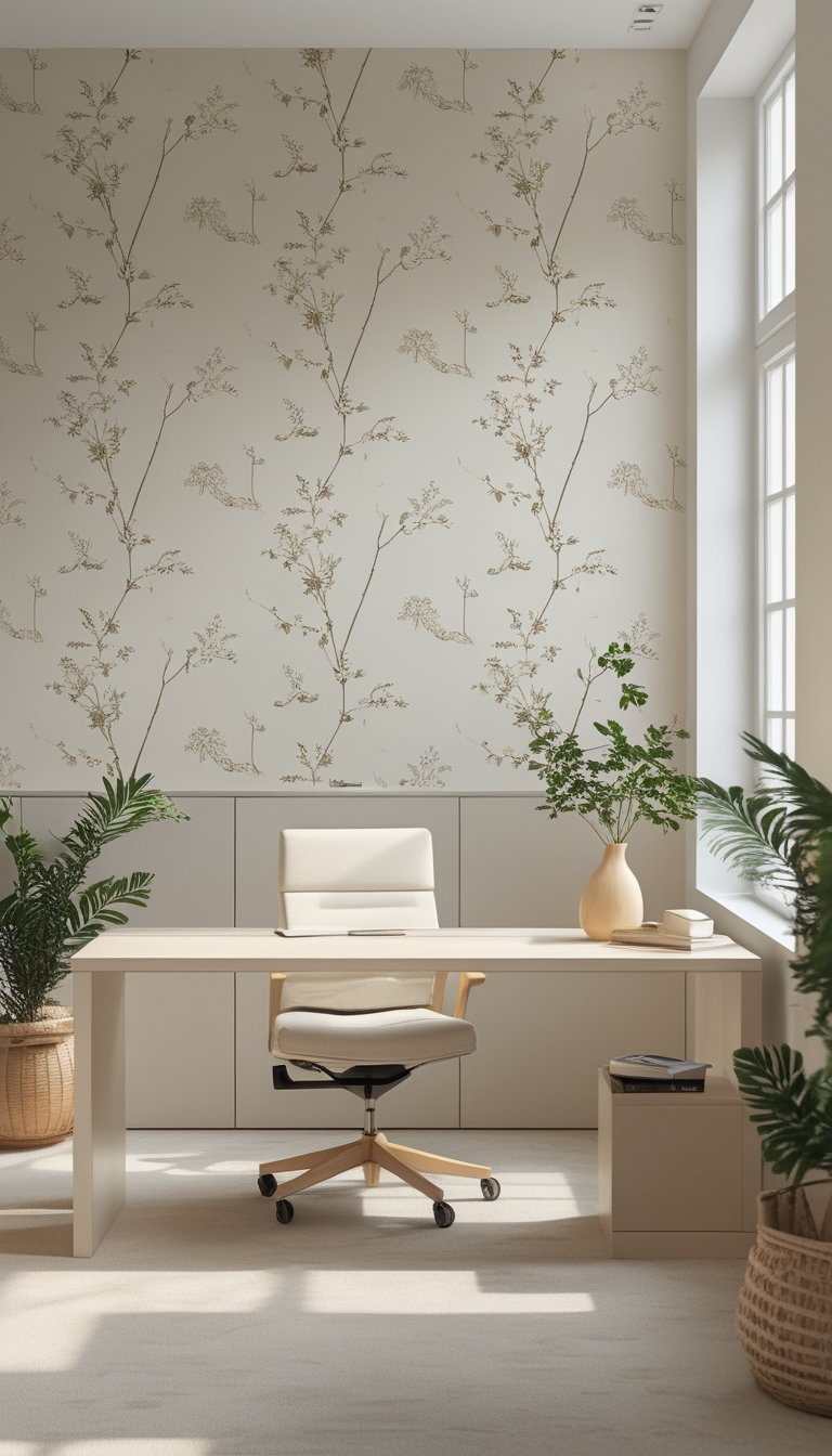Bright office interior with soft beige botanical wallpaper, wooden desk, chair, and green plants in natural light.