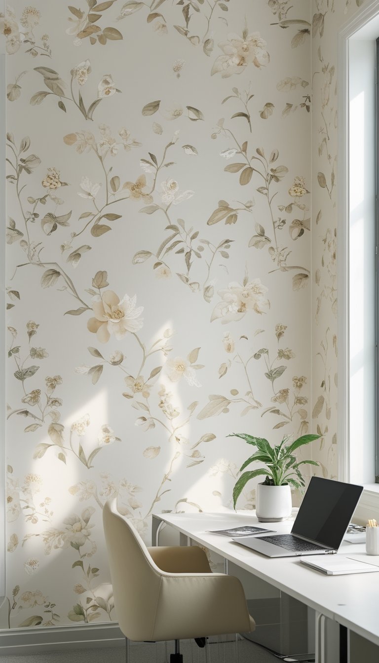 A bright office interior with off-white botanical wallpaper, a minimalist desk with a laptop and a potted plant, illuminated by natural light.