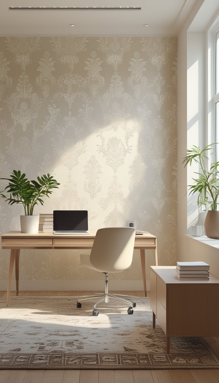 A modern office with a beige damask patterned wallpaper, a wooden desk with a laptop and plant, and natural light coming through a window.