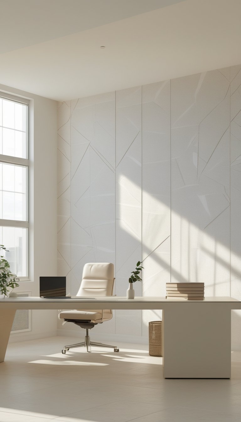 Bright office interior with off-white and beige patterned wallpaper, a desk, chair, and plants.