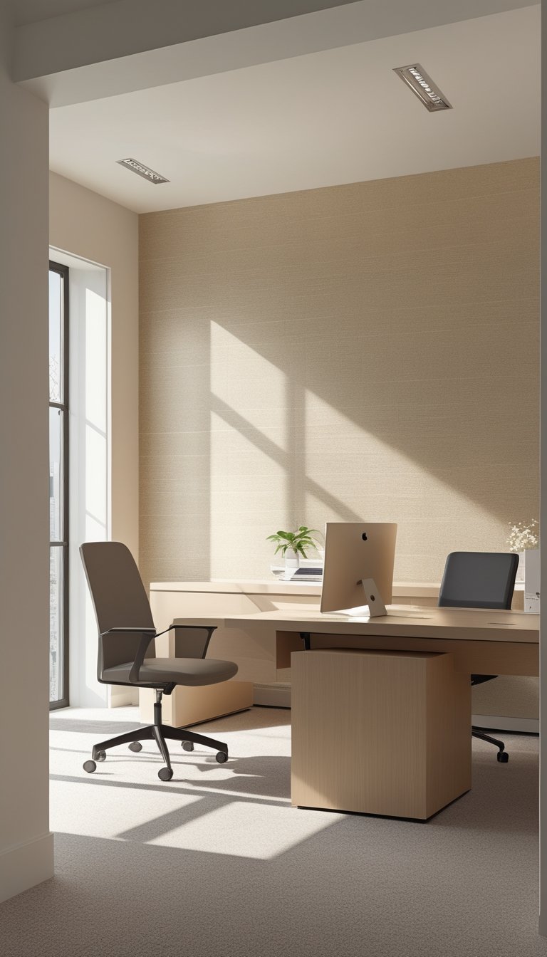 A bright office space with beige metallic patterned wallpaper, natural light, and modern furniture.