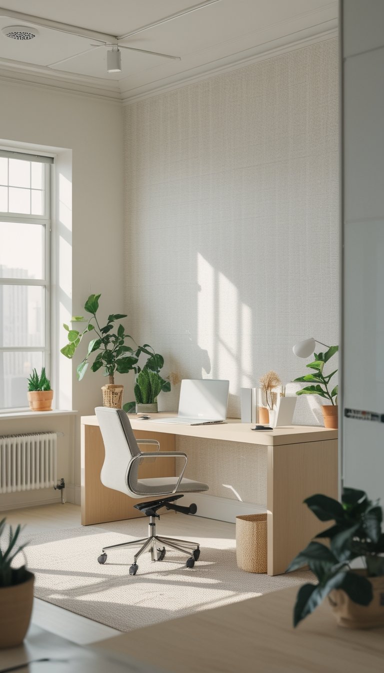 Bright office space with off-white and beige wallpaper, a wooden desk, chair, and plants near large windows.