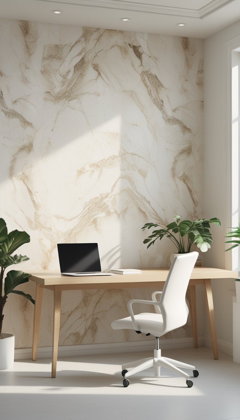 A bright office with a beige marble effect wallpapered wall, a wooden desk, ergonomic chair, laptop, and a small plant.