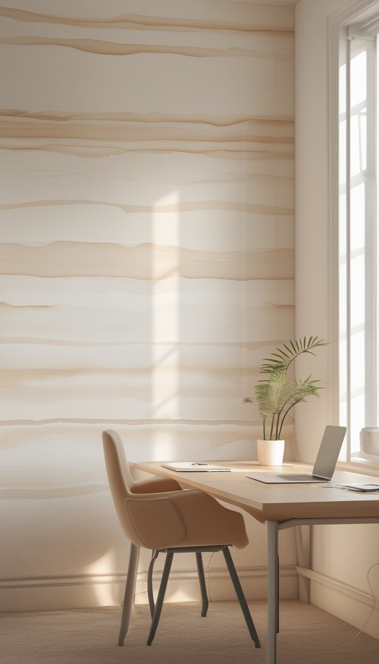 A bright office space with a desk and a wall covered in off-white and beige striped wallpaper.