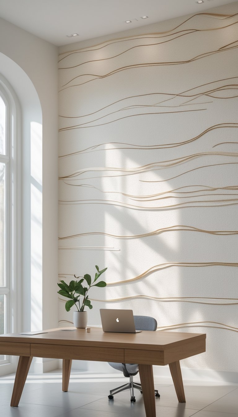A bright office space with a wooden desk, laptop, plant, and a wall covered in off-white abstract line wallpaper.