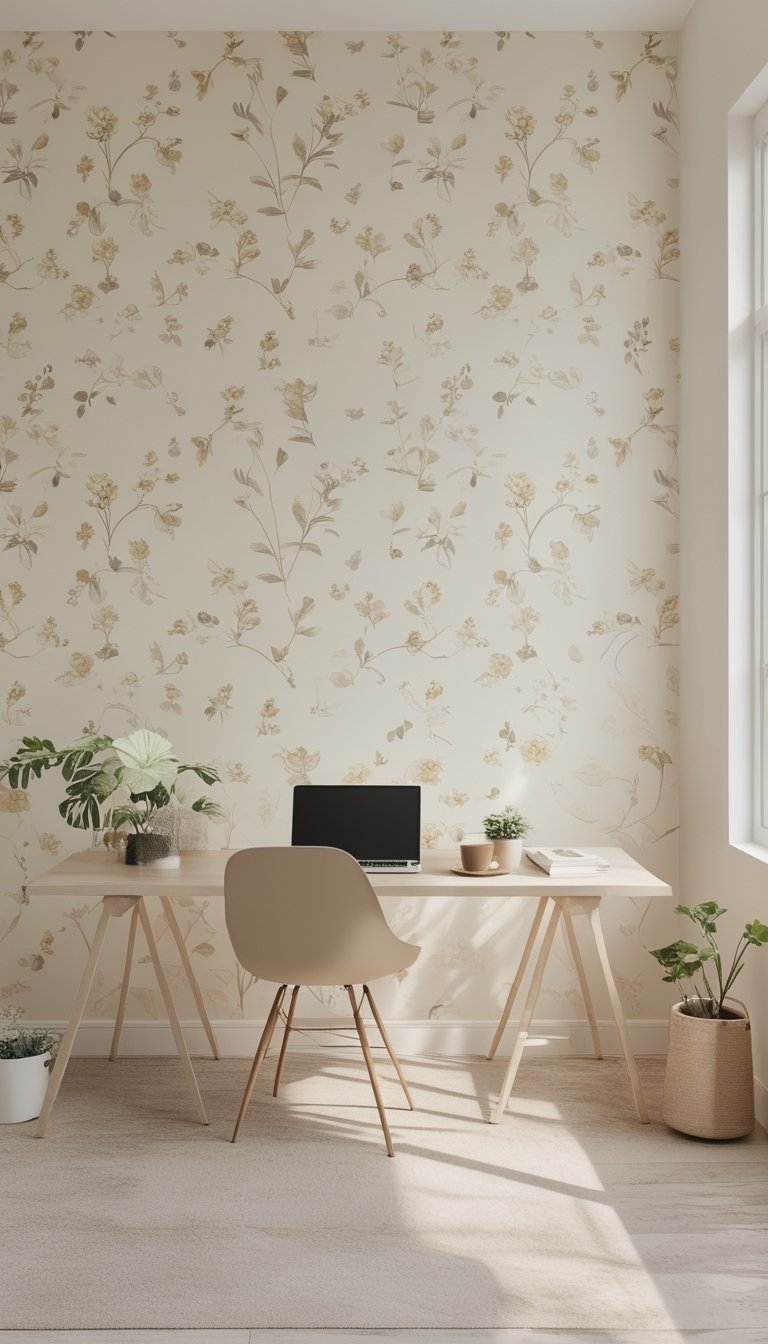 A bright office with a wooden desk, laptop, potted plant, and a beige floral patterned wallpaper on the wall.